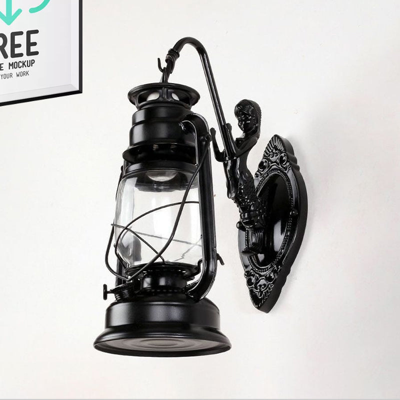 Lisslune | One Bulb Wall Lamp with Lantern Shade Clear Glass Coast Bedroom Wall Lamp in Black/Antique Brass/Aged Copper with Mermaid