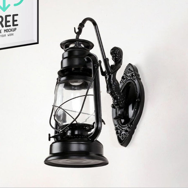 Lisslune | One Bulb Wall Lamp with Lantern Shade Clear Glass Coast Bedroom Wall Lamp in Black/Antique Brass/Aged Copper with Mermaid