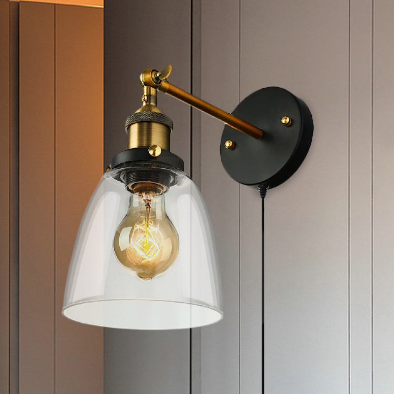 Lisslune | Tapered Bedroom Wall Light Lighting Decoration Rustic Clear Glass 1 Light Black Wall Lamp with Plug Cable