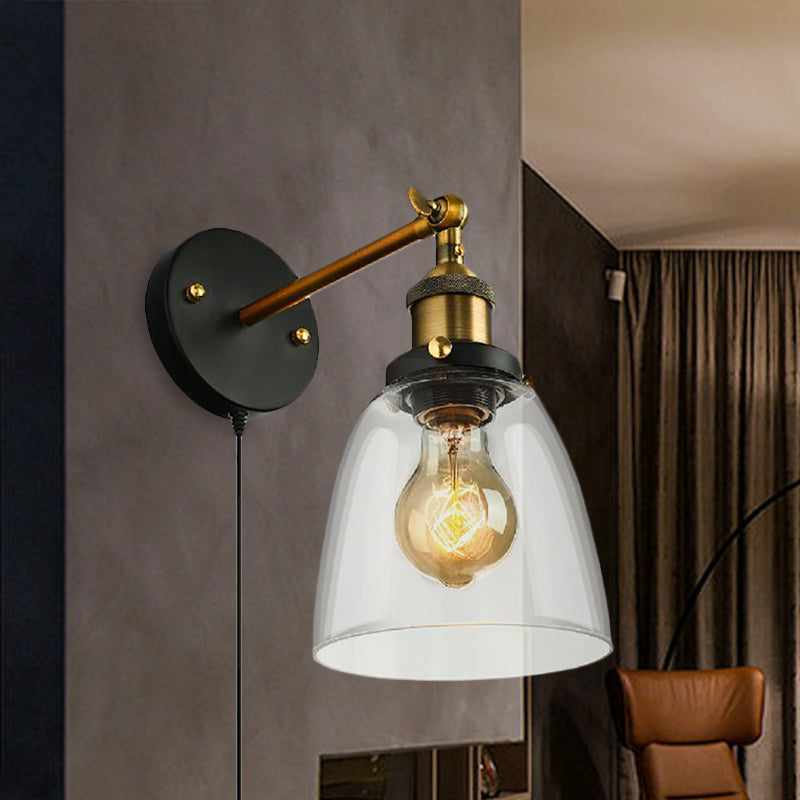 Lisslune | Tapered Bedroom Wall Light Lighting Decoration Rustic Clear Glass 1 Light Black Wall Lamp with Plug Cable