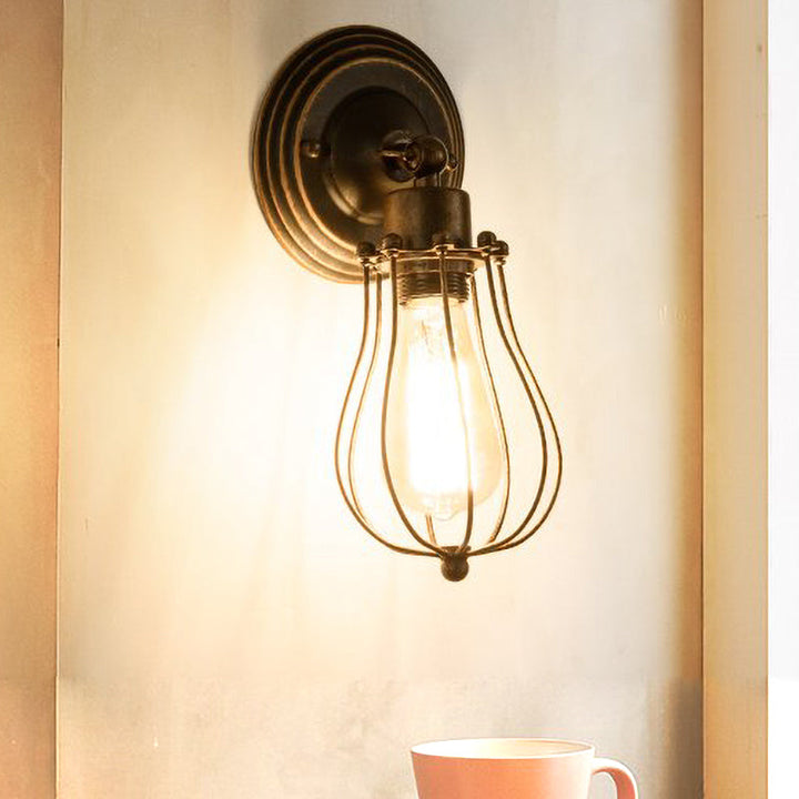 Lisslune | 1 Head Iron Wall Lamp Farmhouse Style Dark Rust Wire Protection Café Mini Wall Light
