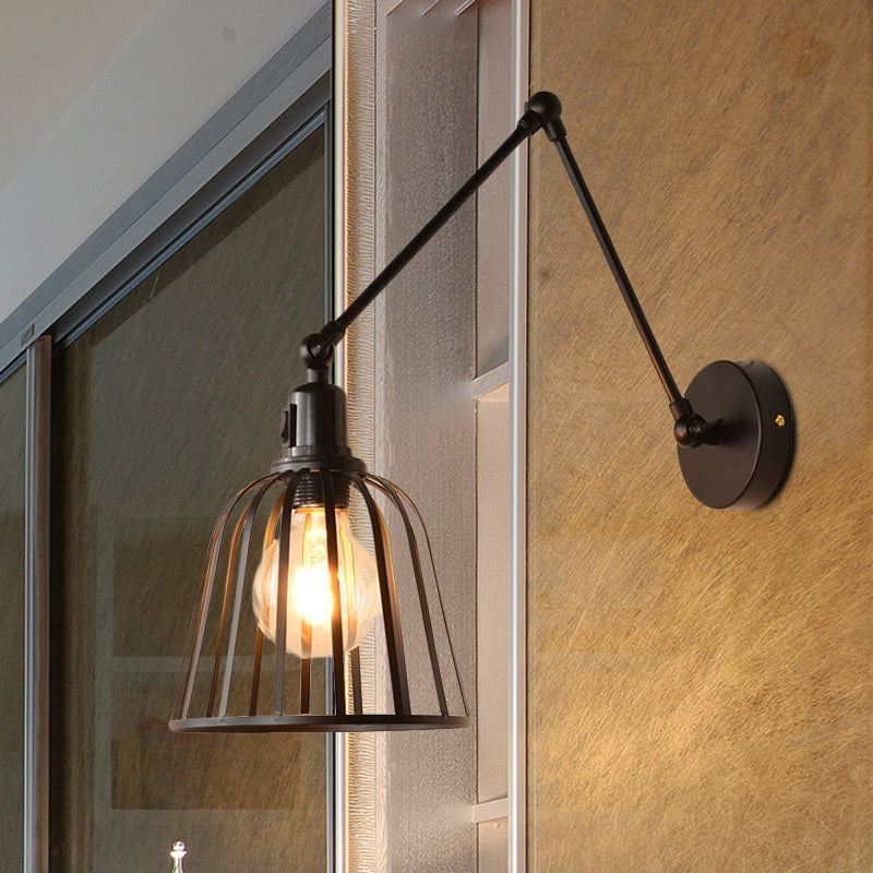 Skørter | Swing Arm Metallic Wall Lamp with Wire Cage Industrial 1 Light Bedroom Wall Lamp in Black