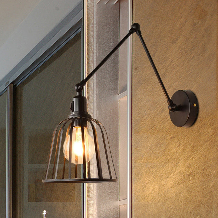 Skørter | Swing Arm Metallic Wall Lamp with Wire Cage Industrial 1 Light Bedroom Wall Lamp in Black