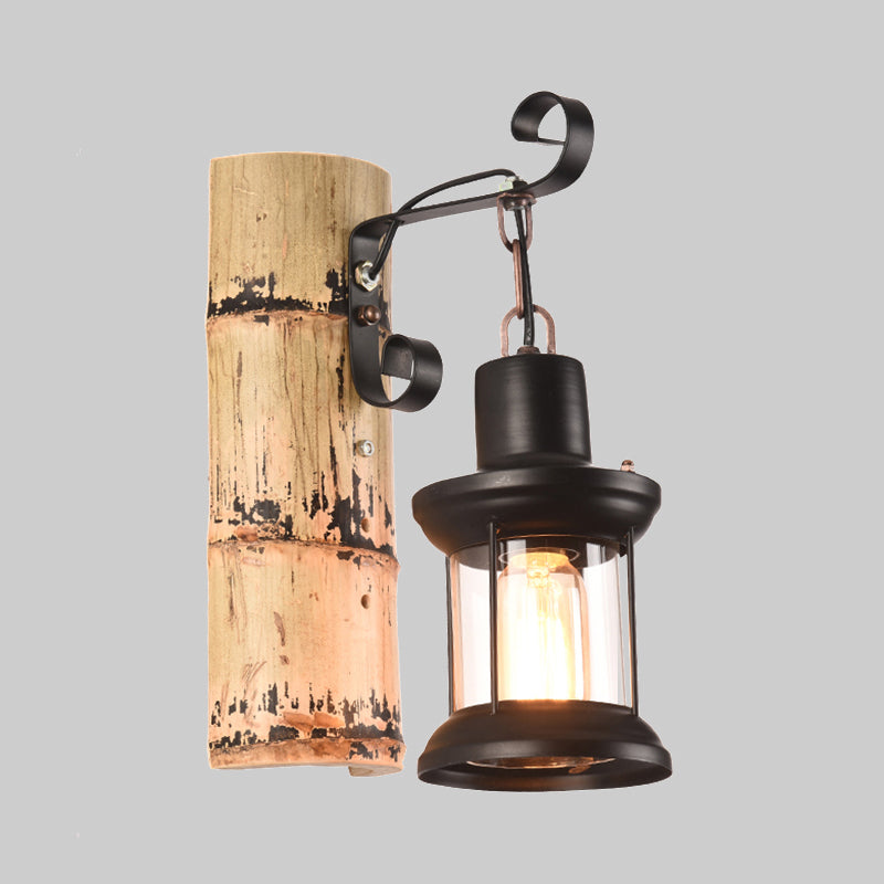 Lisslune | A wall lamp with a clear glass lantern in industrial style, wall lamp for the dining room in black with a bamboo backplate