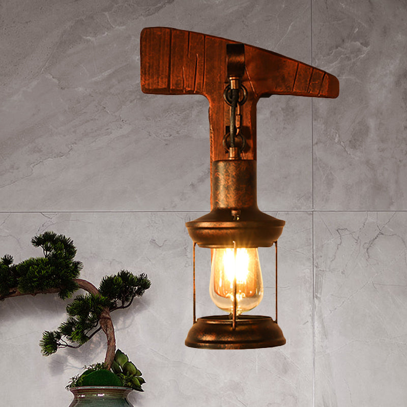 Lisslune | Rust One-Light Wall Light Coastal Clear Glass Lantern Lighting Fixture with Wood Back Plate