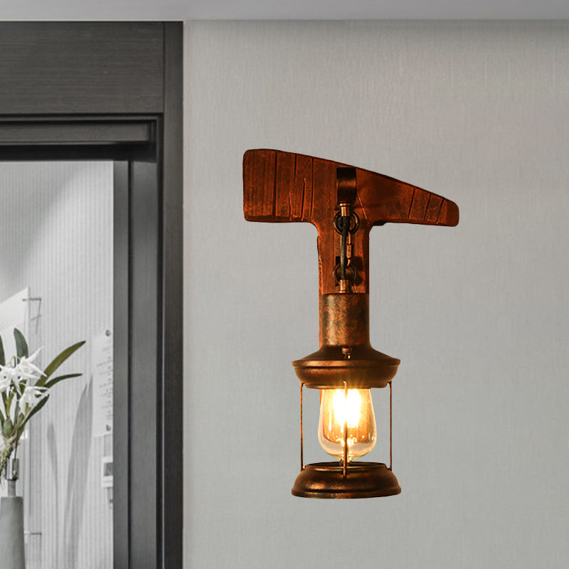 Lisslune | Rust One-Light Wall Light Coastal Clear Glass Lantern Lighting Fixture with Wood Back Plate