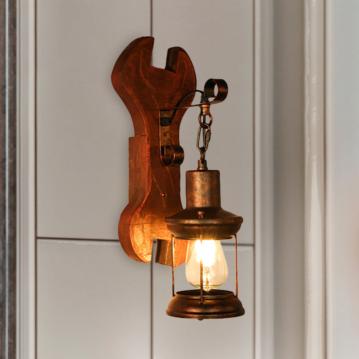 Lisslune | Rust One-Light Wall Light Coastal Clear Glass Lantern Lighting Fixture with Wood Back Plate