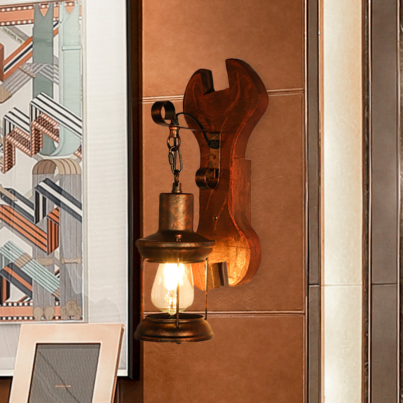 Lisslune | Rust One-Light Wall Light Coastal Clear Glass Lantern Lighting Fixture with Wood Back Plate