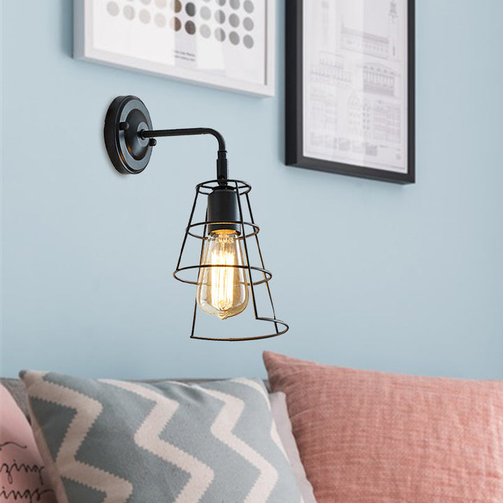 Lisslune | Vintage Style Conic Cage Wall Lamp with Curved Arm 1 Light Metal Wall Lamp in Black/White