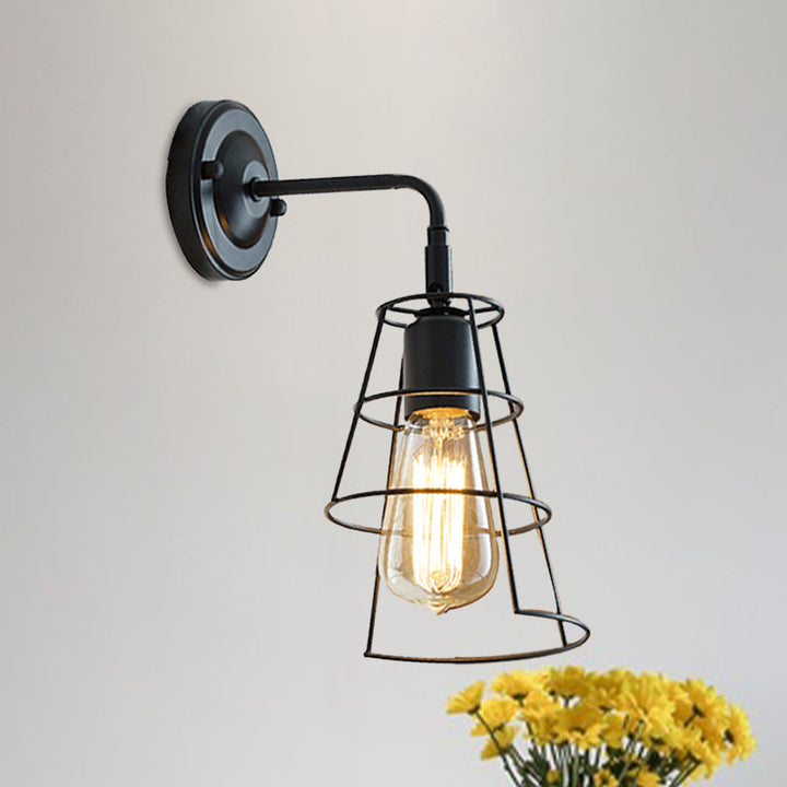 Lisslune | Vintage Style Conic Cage Wall Lamp with Curved Arm 1 Light Metal Wall Lamp in Black/White
