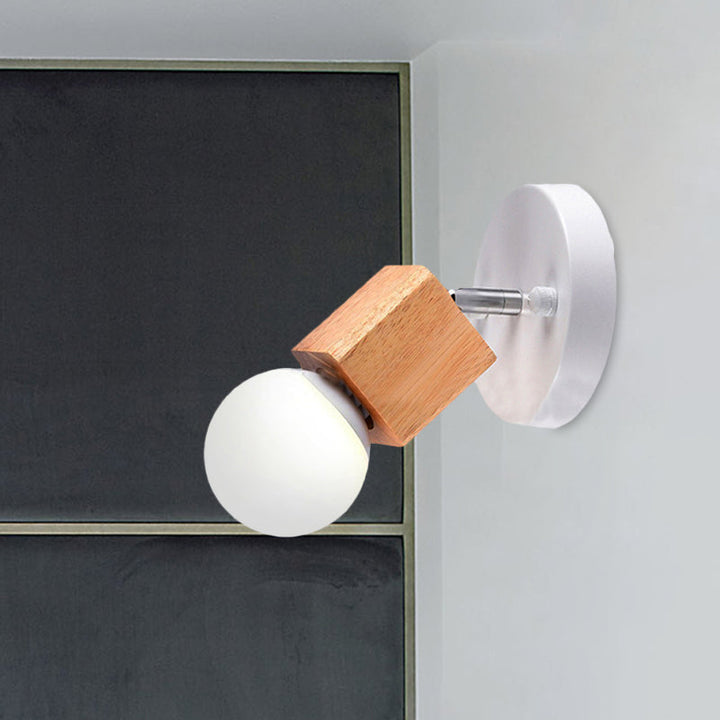 Lisslune | Black/White 1 Head Wall Lamp Sconces Industrial Style Wooden Square Wall Mount Light with Circular Wall Plate