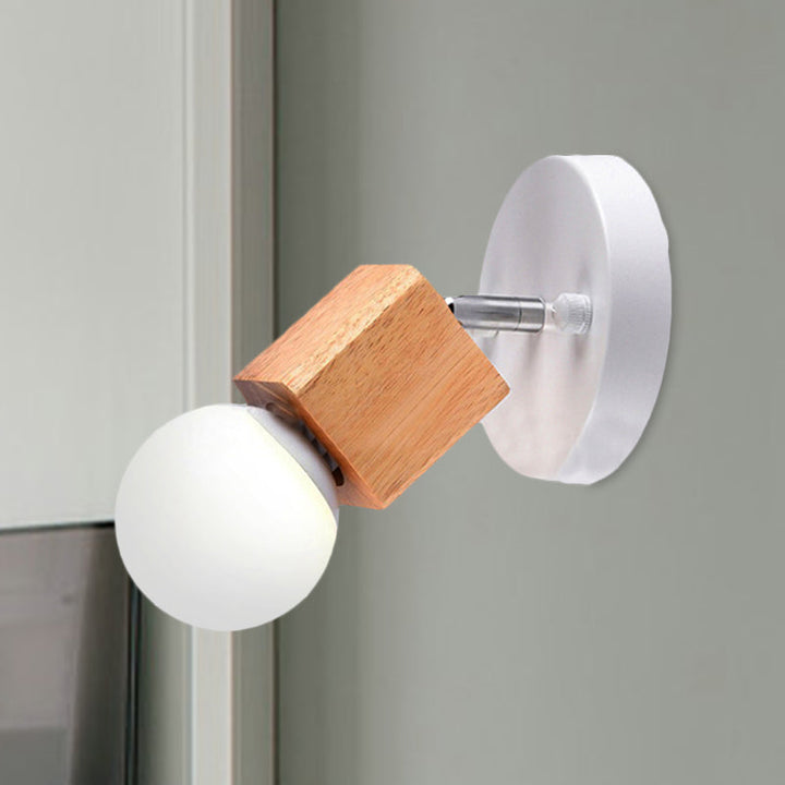 Lisslune | Black/White 1 Head Wall Lamp Sconces Industrial Style Wooden Square Wall Mount Light with Circular Wall Plate