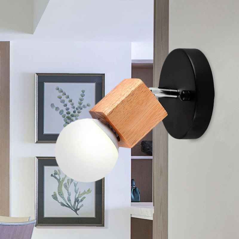 Lisslune | Black/White 1 Head Wall Lamp Sconces Industrial Style Wooden Square Wall Mount Light with Circular Wall Plate