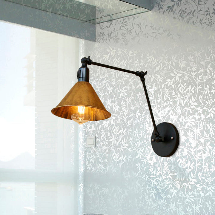 Lisslune | Swing Arm Bedroom Wall Light Vintage Style Metallic 1 Head Antique Brass Wall Lamp with Cone Shade