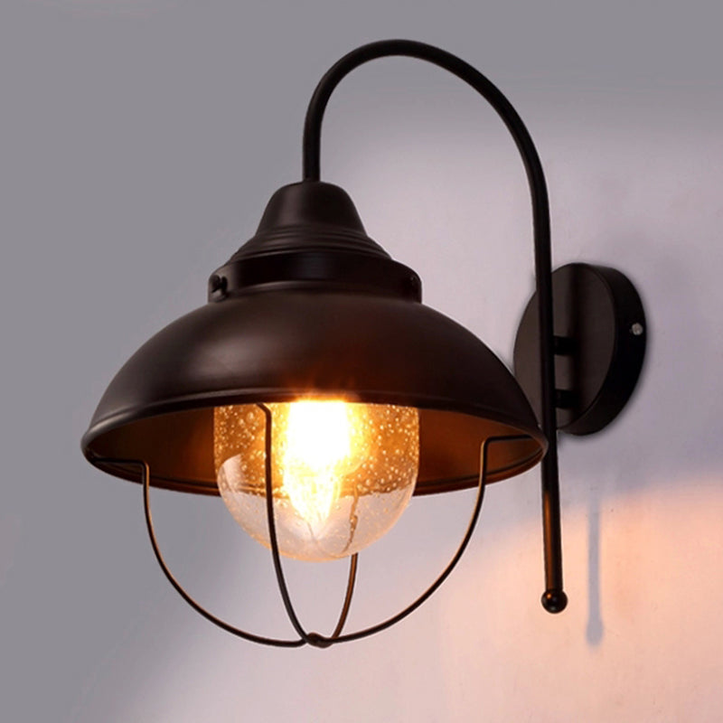 Lisslune | Farmhouse Dome Wall Lamp 1 Light Metal Wall Lighting with Cage and Sawed Glass Shade in Black