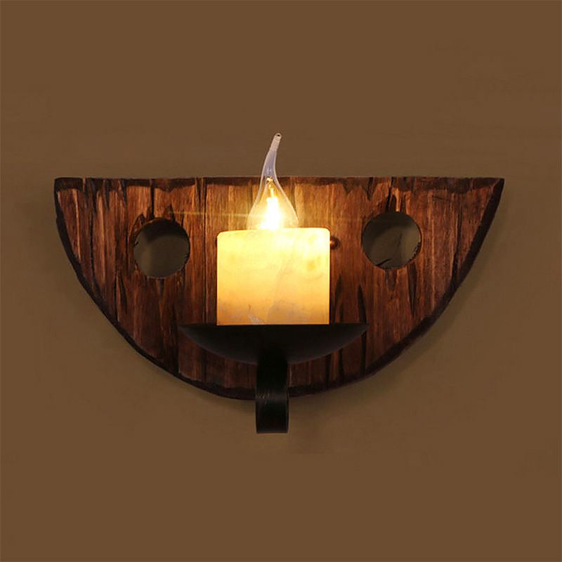 Lisslune | Cylinder Coffee Shop Wall Light Fixture Artificial Marble 1 Light Brown Wall Lamp with Wood Semi-Cap/Base/Rectangle Base