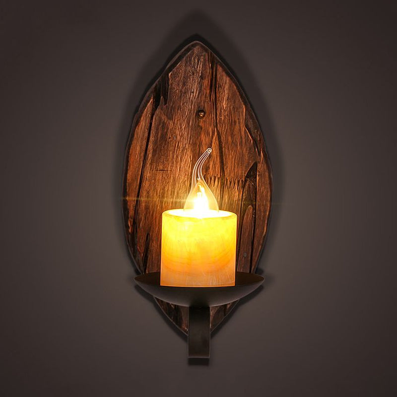 Lisslune | Cylinder Coffee Shop Wall Light Fixture Artificial Marble 1 Light Brown Wall Lamp with Wood Semi-Cap/Base/Rectangle Base