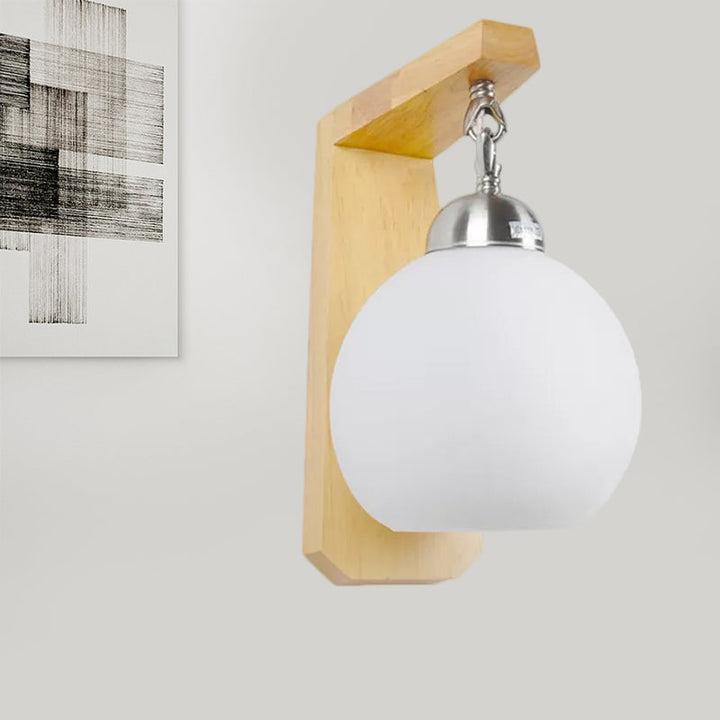 Lisslune | Opal Glass Globe Shade Wall Lamp Industrial 1 Light Bedroom Lighting Fixture with Wooden Back Plate