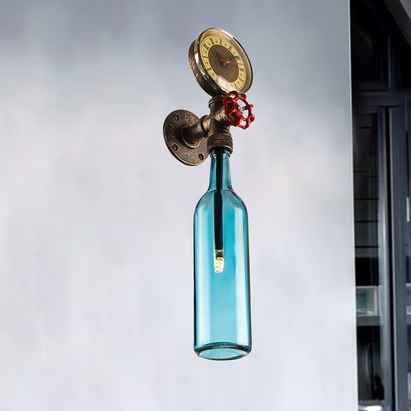 Lisslune | Brown/Blue Bottle Wall Sconce Lamp Vintage Stylish Glass 1 Bulb Living Room Wall Lighting with Manometer and Valve