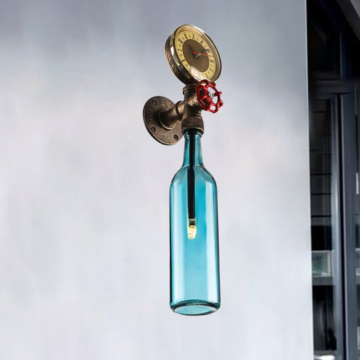Lisslune | Brown/Blue Bottle Wall Sconce Lamp Vintage Stylish Glass 1 Bulb Living Room Wall Lighting with Manometer and Valve
