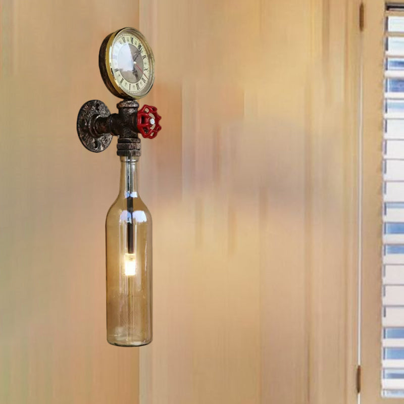Lisslune | Brown/Blue Bottle Wall Sconce Lamp Vintage Stylish Glass 1 Bulb Living Room Wall Lighting with Manometer and Valve