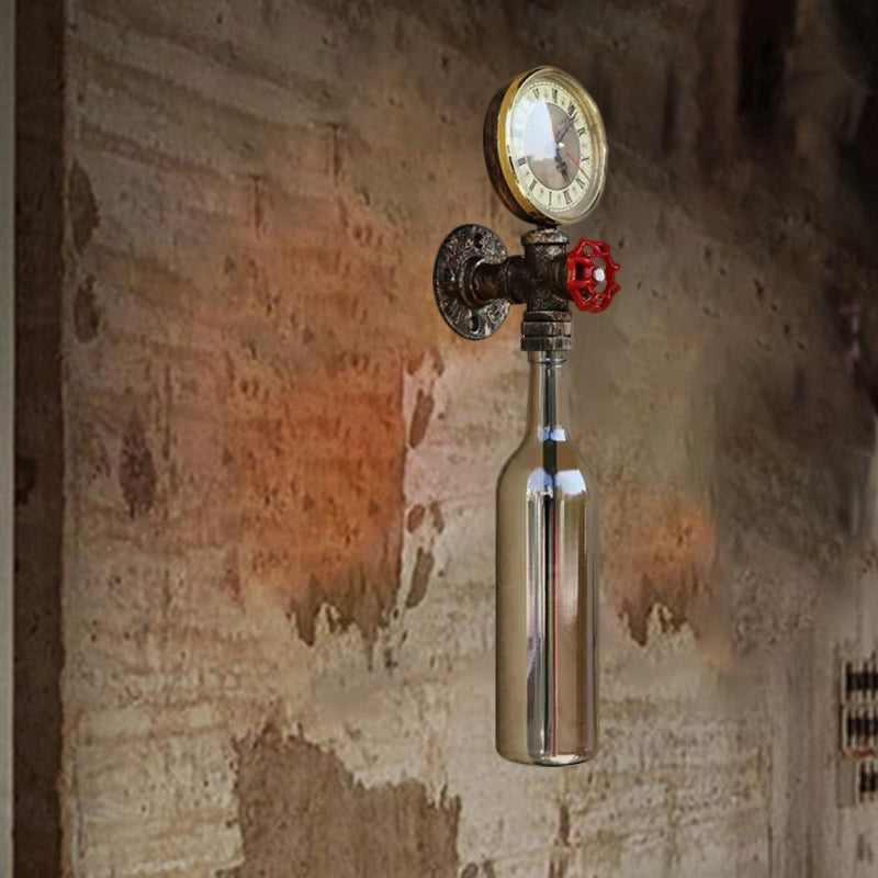 Lisslune | Brown/Blue Bottle Wall Sconce Lamp Vintage Stylish Glass 1 Bulb Living Room Wall Lighting with Manometer and Valve