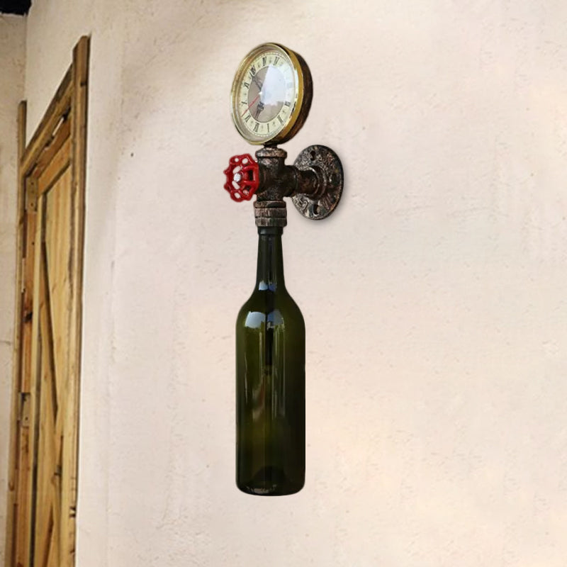 Lisslune | Brown/Blue Bottle Wall Sconce Lamp Vintage Stylish Glass 1 Bulb Living Room Wall Lighting with Manometer and Valve