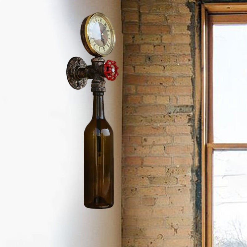 Lisslune | Brown/Blue Bottle Wall Sconce Lamp Vintage Stylish Glass 1 Bulb Living Room Wall Lighting with Manometer and Valve