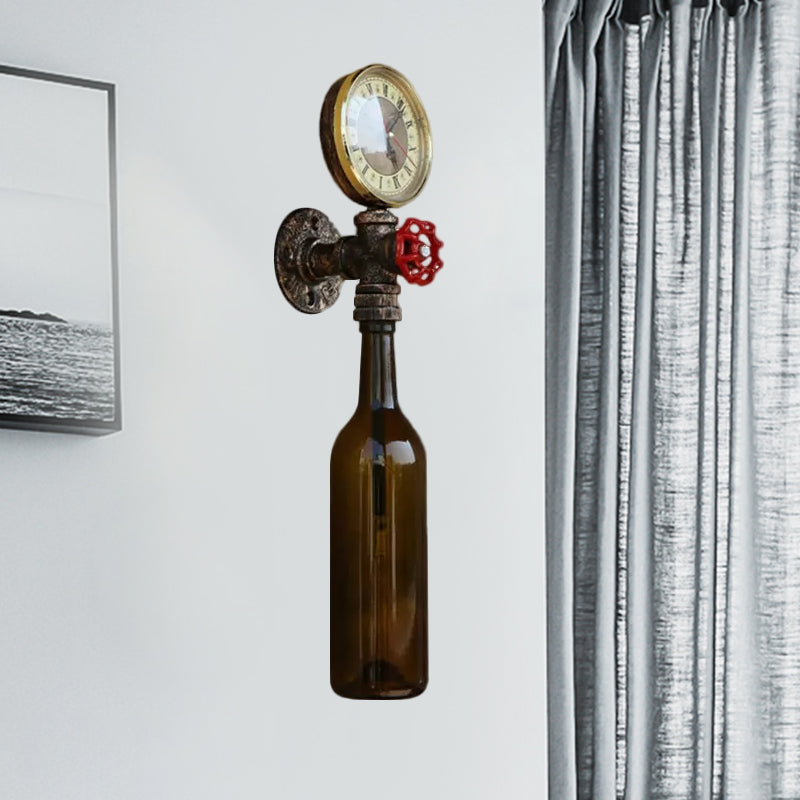 Lisslune | Brown/Blue Bottle Wall Sconce Lamp Vintage Stylish Glass 1 Bulb Living Room Wall Lighting with Manometer and Valve