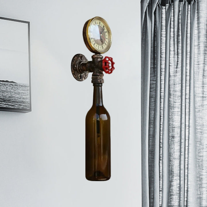 Lisslune | Brown/Blue Bottle Wall Sconce Lamp Vintage Stylish Glass 1 Bulb Living Room Wall Lighting with Manometer and Valve