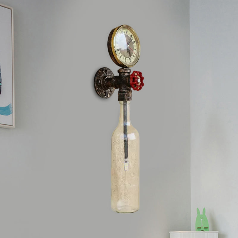 Lisslune | Brown/Blue Bottle Wall Sconce Lamp Vintage Stylish Glass 1 Bulb Living Room Wall Lighting with Manometer and Valve