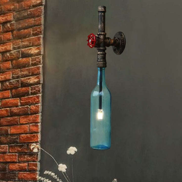 Skørter | Glass wine bottle wall lighting rustic industrial 1 light restaurant blue/transparent wall lamp light with red cap