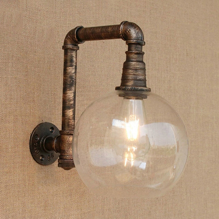 Lisslune | Globe Stairway Wall Lamp Industrial Clear Glass 1 Light Aged Brass Wall Mounted Light with Corner Pipe, 8"/10" Width