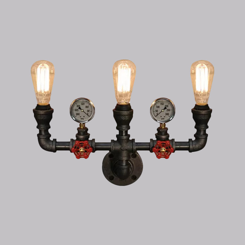 Skørter | 2/3 Lights Wall Mount Light with Pipe and Meter Metal Steampunk Restaurant Wall Lighting in Black