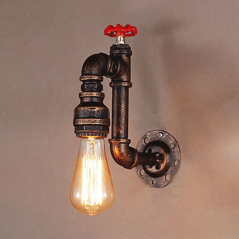Lisslune | Rustic Style Pipe Wall Sconce with Valve Wheel 1 Bulb Wrought Iron Wall Mounted Light in Bronze