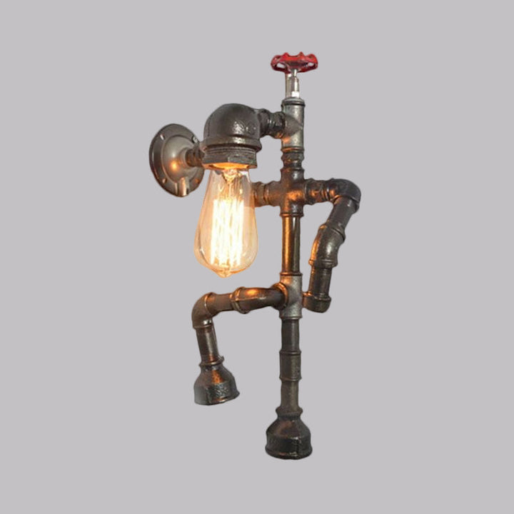 Lisslune | Bronze Finish Robot Sconce Light with Expose Bulb and Red Valve Vintage Metallic 1 Head Corridor Wall Lighting