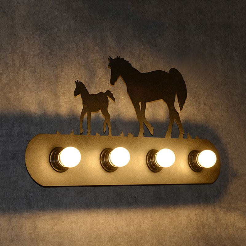 Skørter | Lodge Open Bulb Wall Lamp with Elk/Horse/Sheep/Mountain/Windmill/Tree Design 4 Light Metal Wall Lamp in Black for Indoor