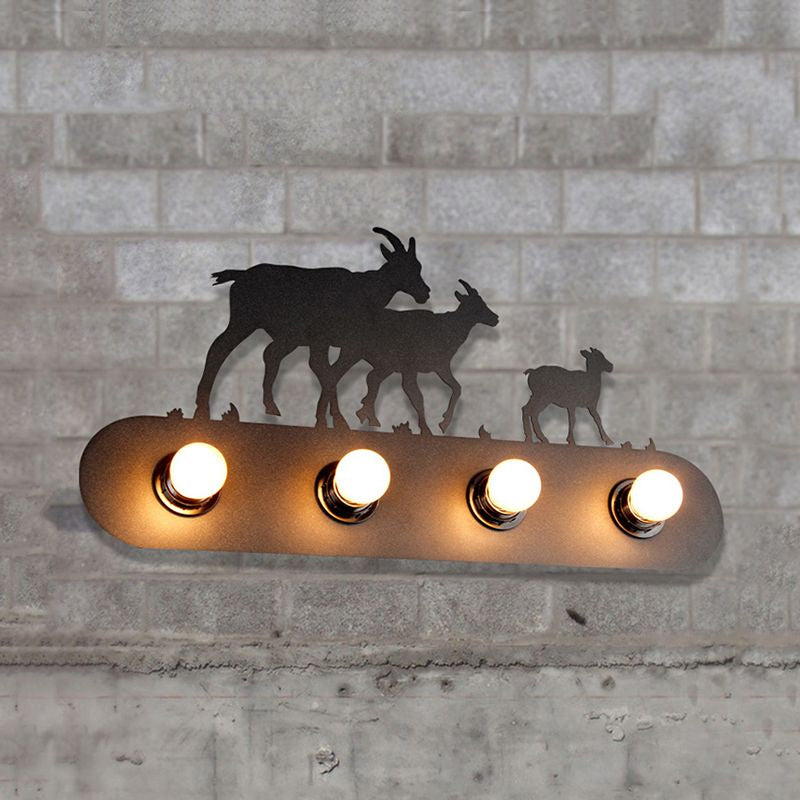 Skørter | Lodge Open Bulb Wall Lamp with Elk/Horse/Sheep/Mountain/Windmill/Tree Design 4 Light Metal Wall Lamp in Black for Indoor
