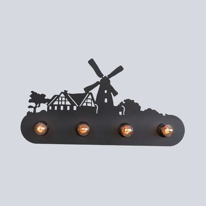 Skørter | Lodge Open Bulb Wall Lamp with Elk/Horse/Sheep/Mountain/Windmill/Tree Design 4 Light Metal Wall Lamp in Black for Indoor