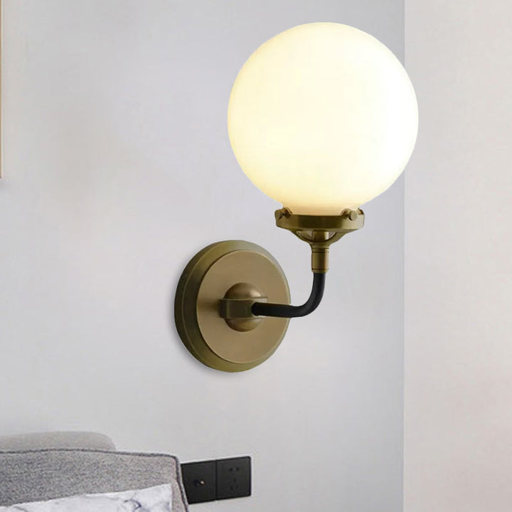 Lisslune | Modern Globe Shade Wall Lamp Fixture 1/2-Bulb Opal Glass Sconce Light in Antique Brass/Chrome