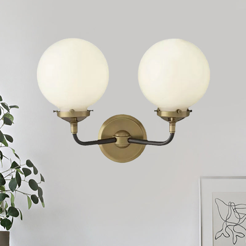 Lisslune | Modern Globe Shade Wall Lamp Fixture 1/2-Bulb Opal Glass Sconce Light in Antique Brass/Chrome
