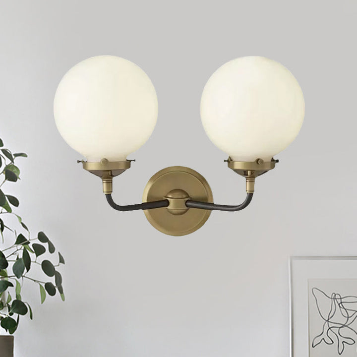 Lisslune | Modern Globe Shade Wall Lamp Fixture 1/2-Bulb Opal Glass Sconce Light in Antique Brass/Chrome