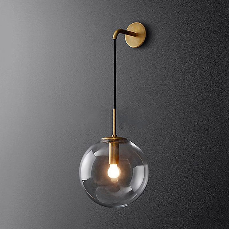 Lisslune | Round clear glass wall-mounted lamp industrial single bulb bedroom vanity wall light in chrome/brass/black, 6"/8" wide