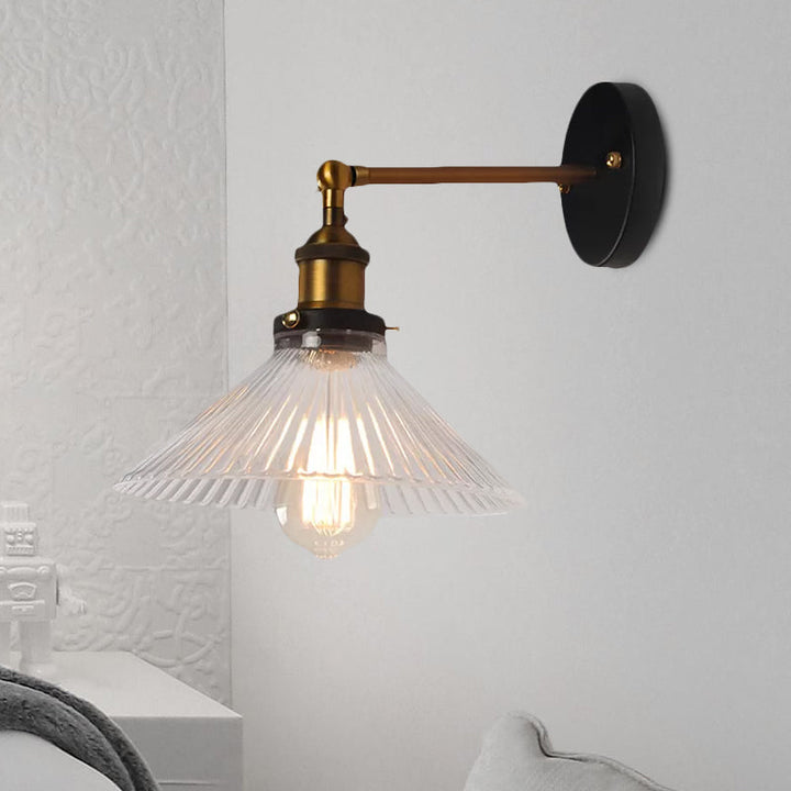 Lisslune | Clear Ribbed Glass Cone/Flower Wall Lamp Industrial 1 Light Living Room Lighting Fixture in Brass for Dining Room
