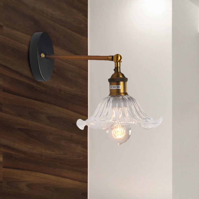 Lisslune | Clear Ribbed Glass Cone/Flower Wall Lamp Industrial 1 Light Living Room Lighting Fixture in Brass for Dining Room