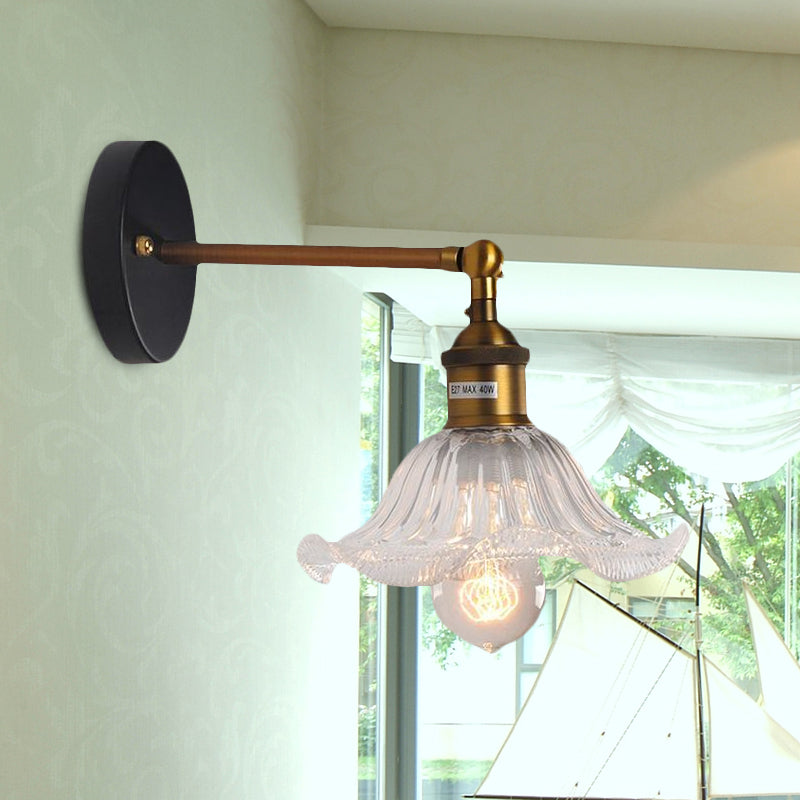 Lisslune | Clear Ribbed Glass Cone/Flower Wall Lamp Industrial 1 Light Living Room Lighting Fixture in Brass for Dining Room