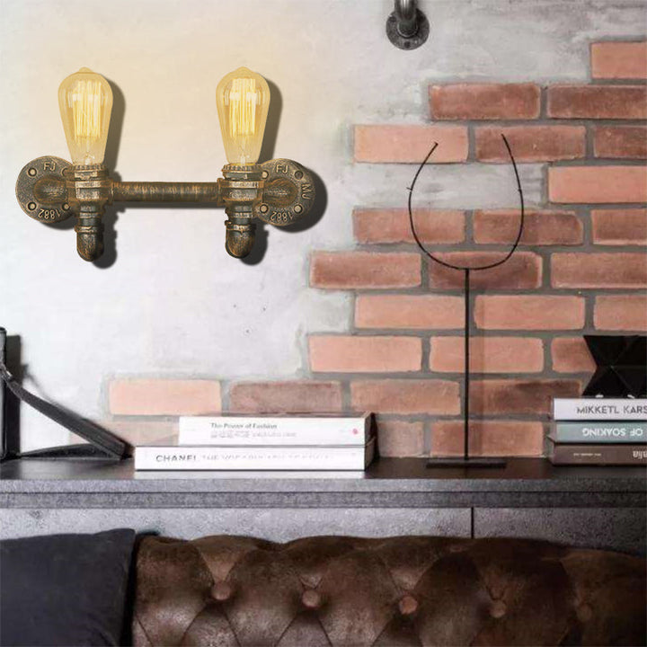 Lisslune | Aged Brass 2 Lights Wall Sconce Light Rustic Industrial Wrought Iron Exposed Wall Mount Light