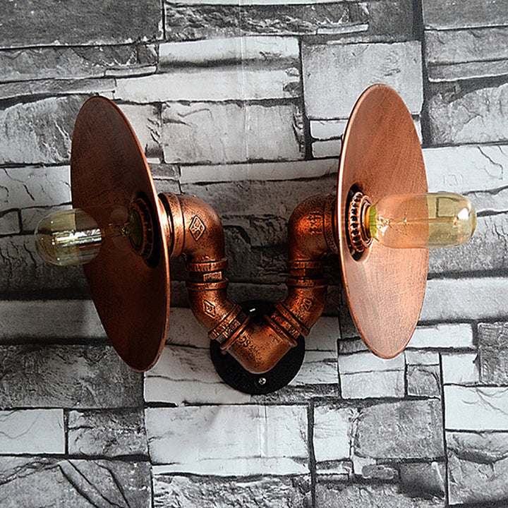 Lisslune | Dark Rust Round Wall Light Rustic Style Wrought Iron 2 Bulbs Bedroom Wall Mounted Light with Pipe