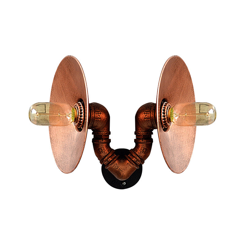 Lisslune | Dark Rust Round Wall Light Rustic Style Wrought Iron 2 Bulbs Bedroom Wall Mounted Light with Pipe