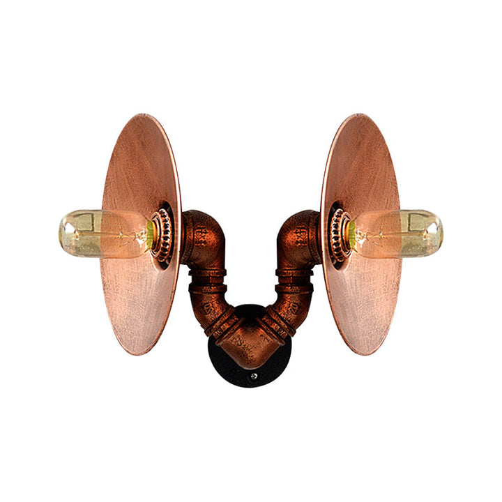 Lisslune | Dark Rust Round Wall Light Rustic Style Wrought Iron 2 Bulbs Bedroom Wall Mounted Light with Pipe